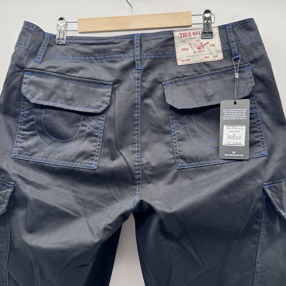 True Religion Men Cargo Pants Jet Black/Pacific Blue Size 34 - Picture 11 of 11